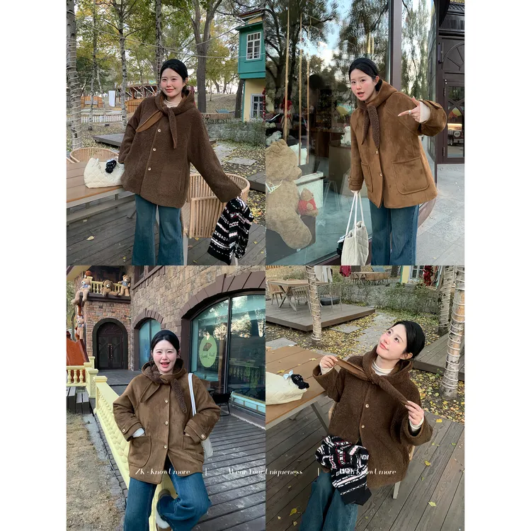 知葵微胖定制【冬日布朗尼】冬款连帽双面穿兔耳朵麂皮外套N0189
