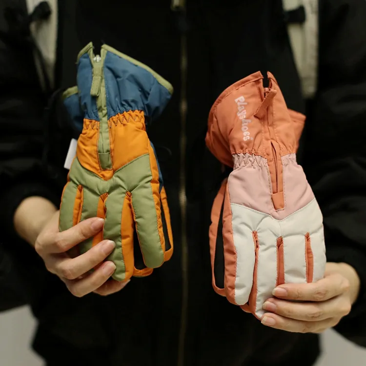 儿童防水滑雪手套男女孩户外玩雪骑车防寒便捷拉链穿脱护手腕防丢