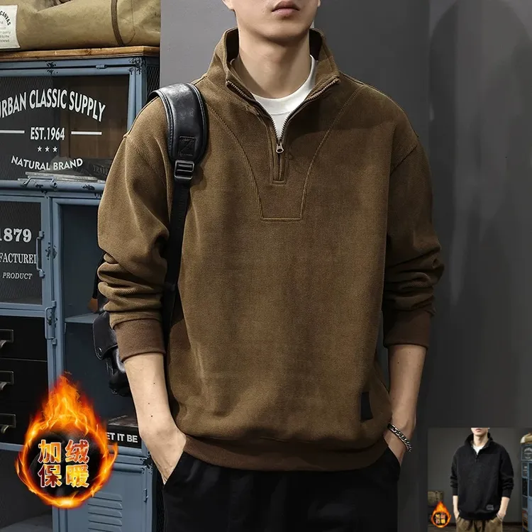 秋冬新款男士一体加绒半拉链立领卫衣时尚酷帅潮牌休闲秋冬外套