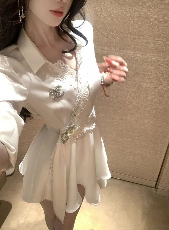 【雅乔定制】漫游情书 设计感蕾丝花边白色长袖衬衫裙DYHH-25082011