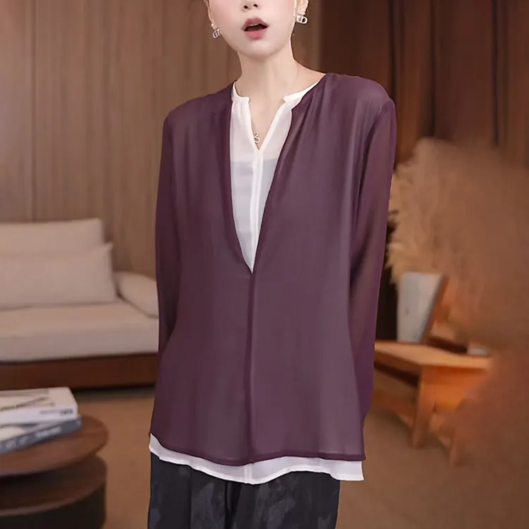 女士紫色V领长袖衬衫2025早秋新款设计感宽松显瘦防晒假两件上衣