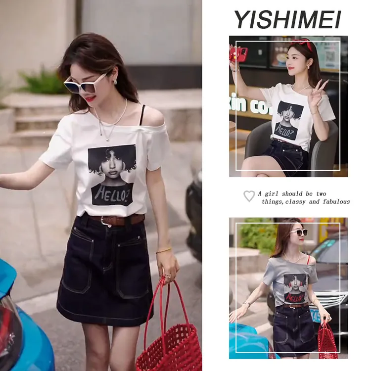 夏季时尚穿搭2025年新款韩系简约百搭露肩斜肩短袖t恤短裙两件套