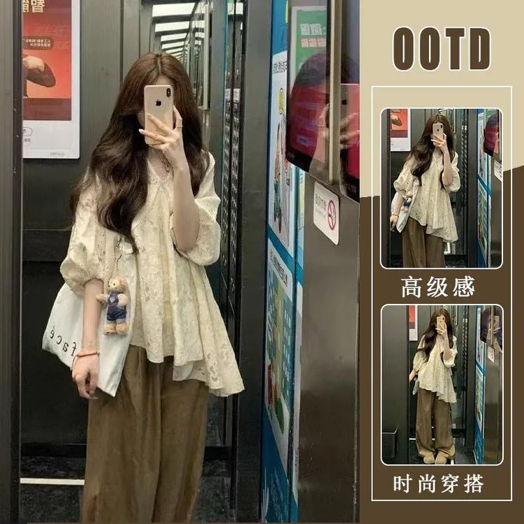 夏装搭配一整套女高级感韩系多巴胺不规则镂空衬衫阔腿裤子两件套