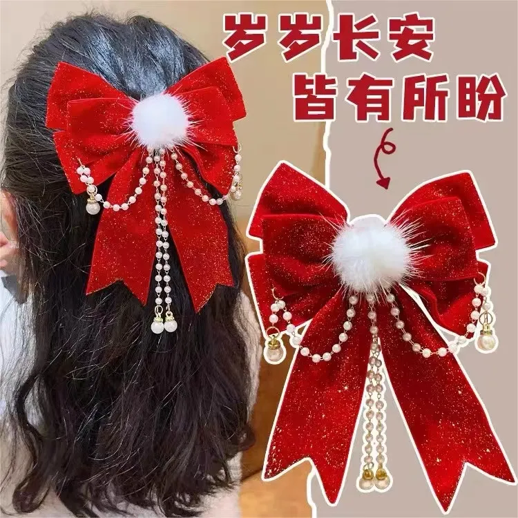 红色发夹儿童大蝴蝶结头饰女童发饰过年丝绒网红宝宝公主新年发卡