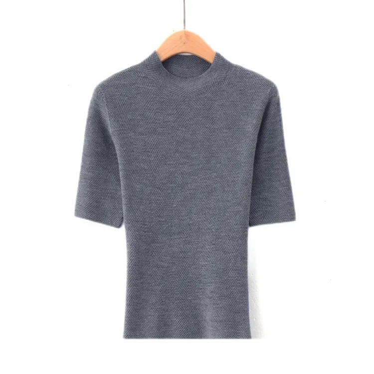 新款春装新款中袖宽松针织衫女薄款气质半高领毛衣打底上衣女