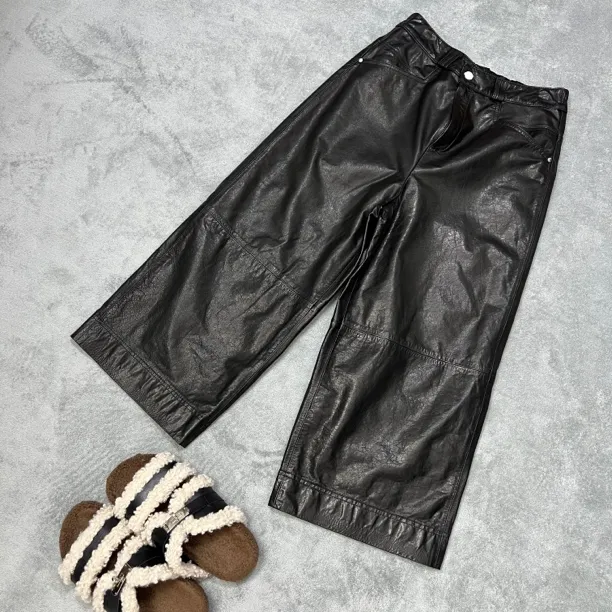 油蜡水洗小牛皮女士九分百搭时尚阔腿皮裤