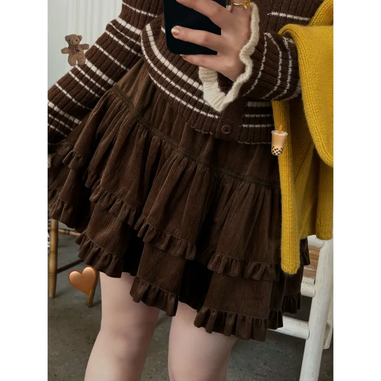 晶咕【美式少女 】日式慵懒风层次感灯芯绒松紧腰半裙