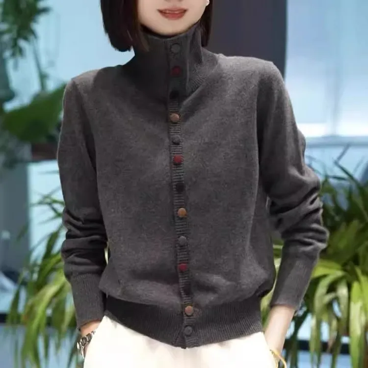 轻奢时髦洋气减龄高领针织毛衣开衫女秋冬季美式显瘦百搭气质上衣