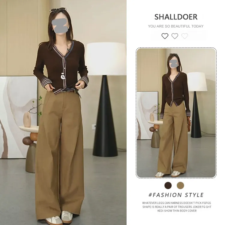 文艺复古气质套装女2025春秋新款V领撞色长袖针织衫阔腿裤两件套