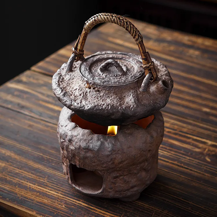 老岩泥炭烧提梁壶陶壶小碳炉套组围炉煮茶可用碳明火酒精电陶炉