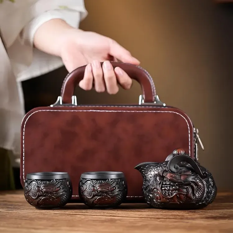 云南建水紫陶茶壶一壶两杯旅行茶具手工家用祥龙手抓壶户外便携式