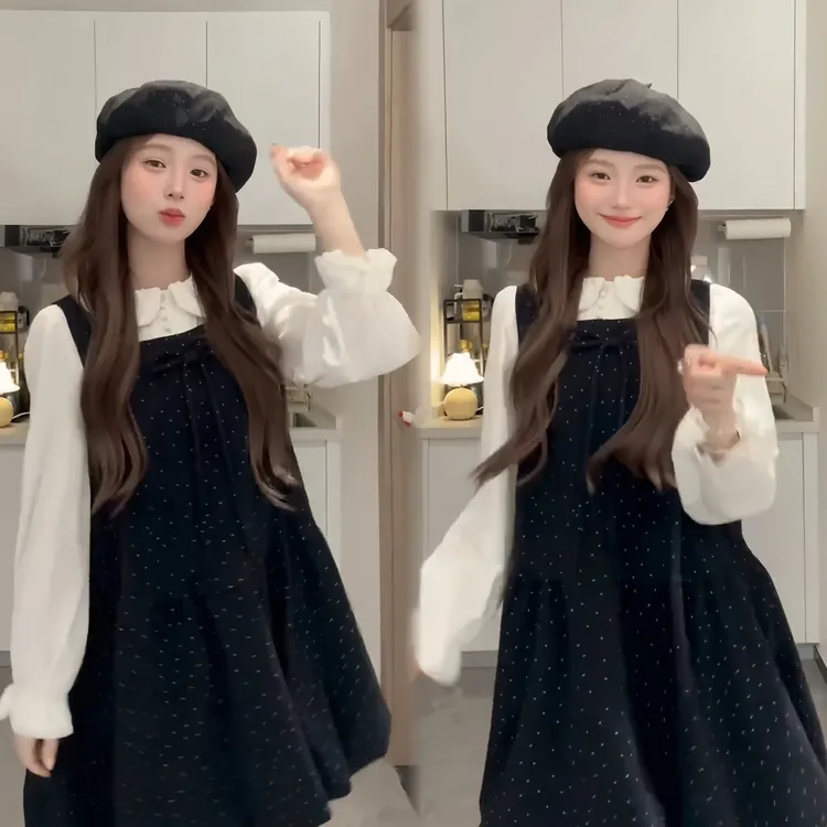 2026春季新款韩系甜美风波点裙叠穿泡泡袖显瘦白衬衫两件套