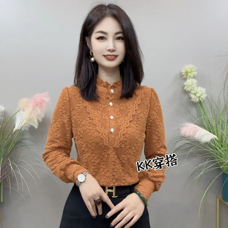 【KK】BX2052秋冬新款加绒保暖木耳花边领长袖气质百搭衬衫