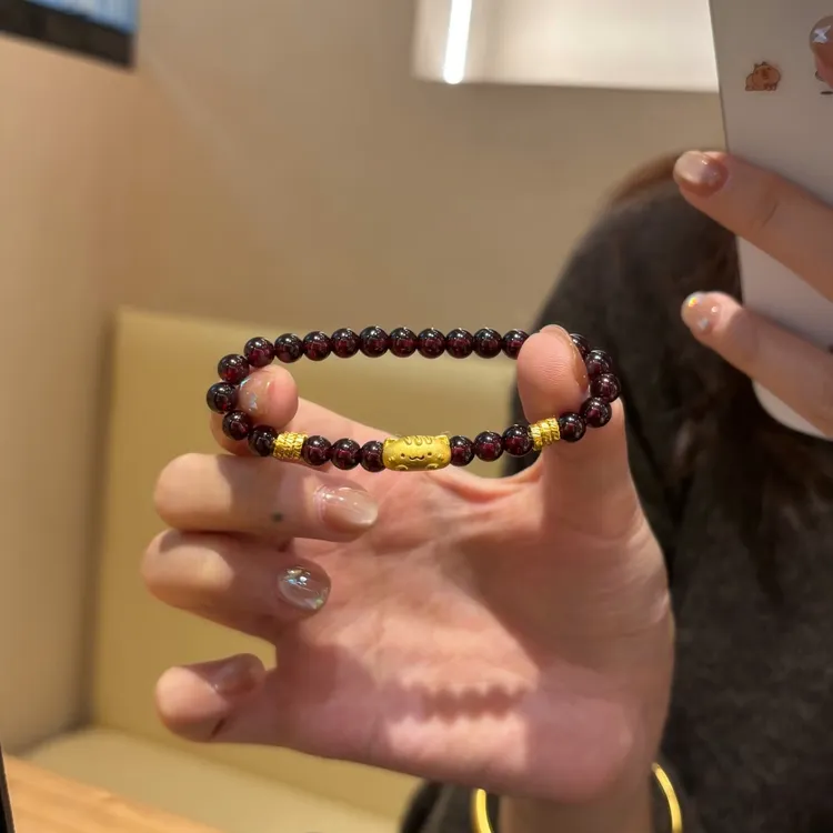 黄金手链足金999金手链法棍猫盘缠金石榴石手串5D硬金女生礼物