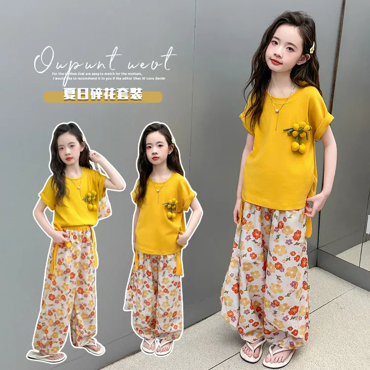 甜美可爱女童休闲套装时尚百搭花朵图案三件套夏季新款中大童