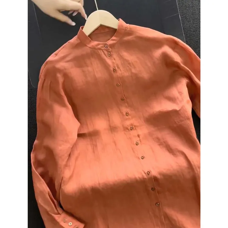 法式蜜橘色圆领长袖衬衫女2025新款早秋独特别致减龄洋气百搭上衣