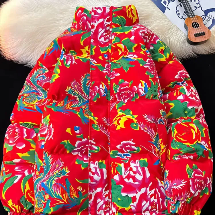 国潮东北大花牡丹花立领加厚保暖男女冬季棉衣外套