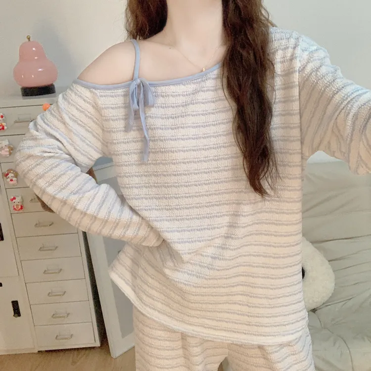 韩系风露肩亲肤棉睡衣女2025新款春秋季条纹长袖可外穿家居服套装