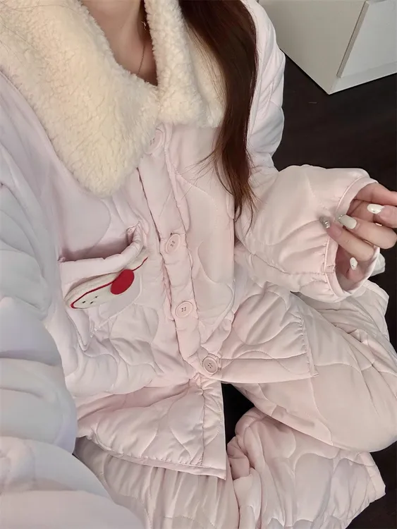 甜美夹棉睡衣女款冬季新款加绒加厚保暖棉袄家居休闲服套装可外穿