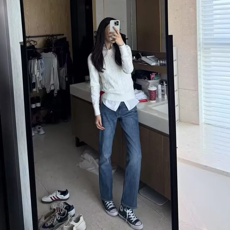 ROMI STUDIO“超模牛仔”棉质水洗蓝弹力直筒牛仔裤RWCSXD1877