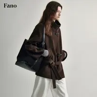 范洛艺术系流浪风“皮绳牛角扣”斜门襟立领呢外套FD24W236推广