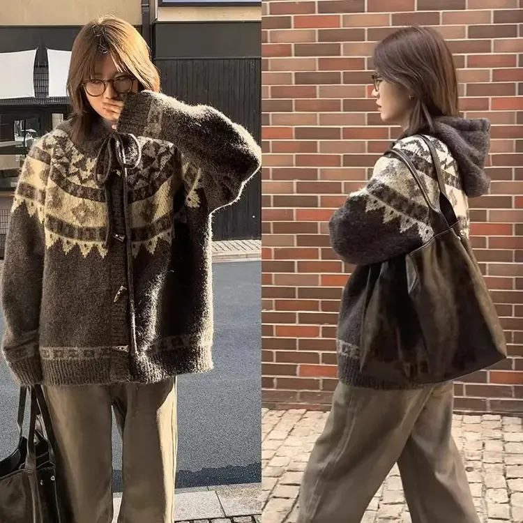 2025秋冬新款费尔岛古着复古牛角扣开衫毛衣加厚外套冬针织上衣