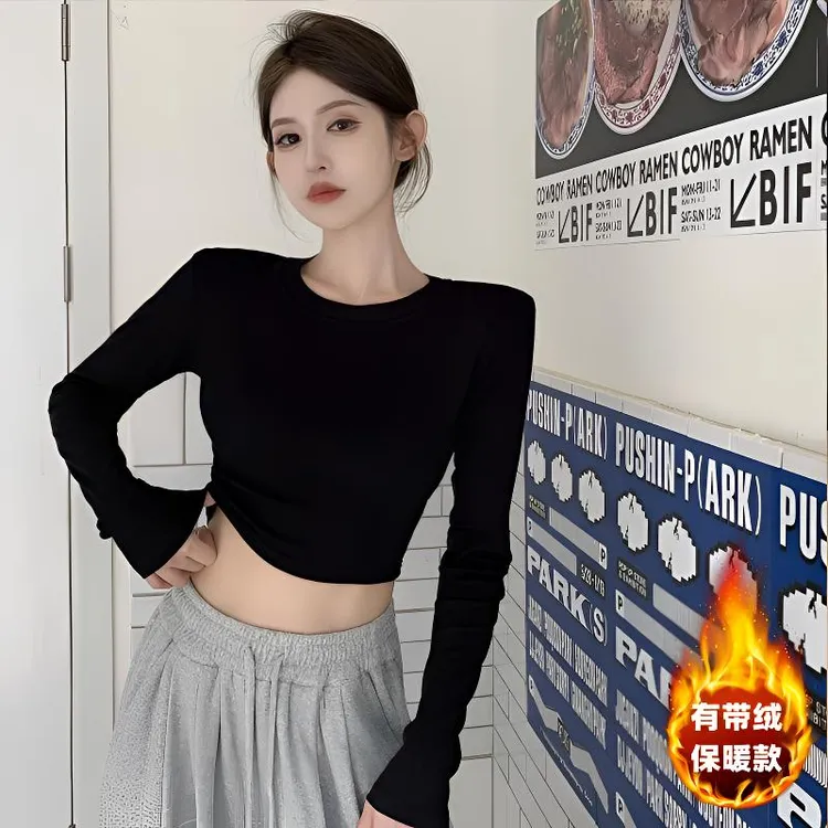 性感辣妹长袖t恤女设计感极简风ins上衣女秋冬加绒短款内搭打底衫