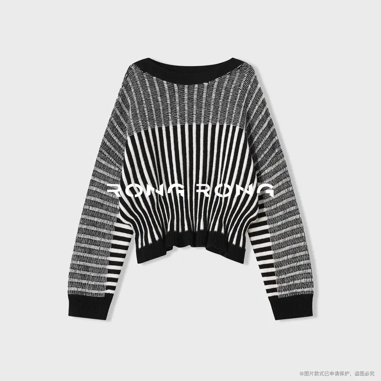 溶溶【几何新境】RONGRONG甄选羊毛兔绒混纺几何黑白条毛衣25102807