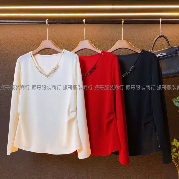 新款重工亮钻2025v领春季显瘦大码女装遮肉百搭掐褶上衣/6608