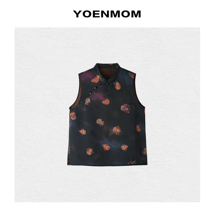 YOENMOM·彩宝葫芦·100桑蚕丝红云纱五彩晕染可爱印花斜襟无袖上衣