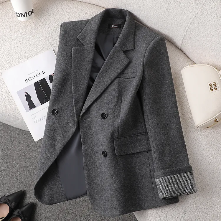 灰色毛呢西装外套女冬季加厚保暖2025新款高级感气质休闲西服上衣