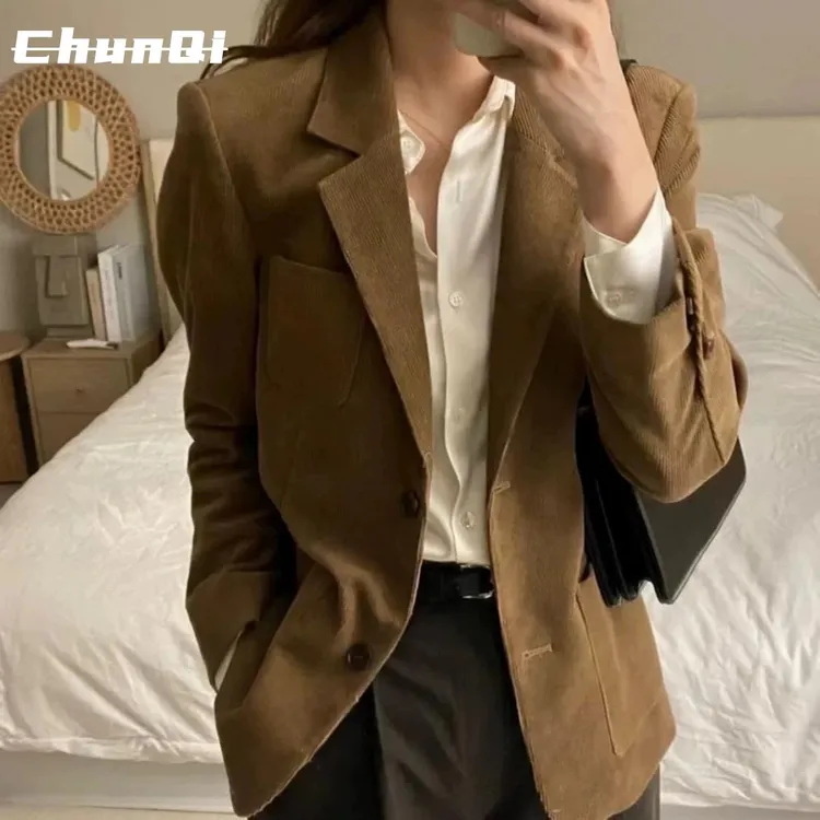 淳启覆古高级感小香风棕色长袖西服女秋季短款工装外套上衣百搭潮