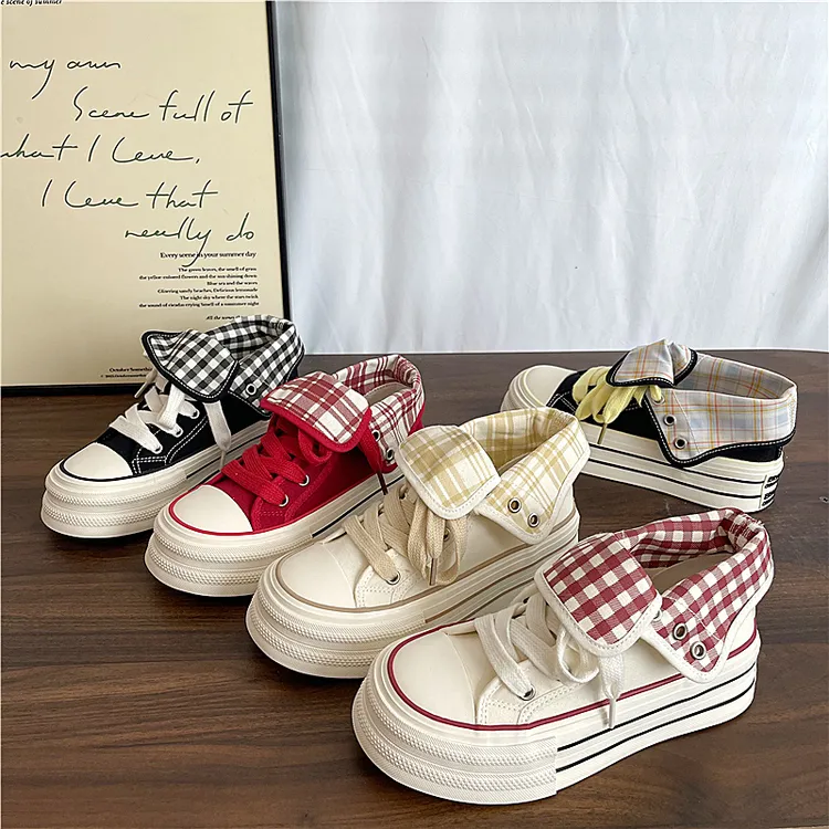 易少年 2025秋季爆款新款两穿格纹帆布鞋女高帮厚底百搭复古板鞋