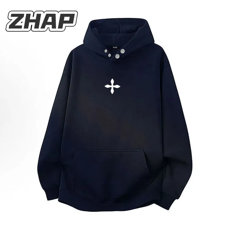 【ZHAP】重磅纽扣连帽卫衣女秋冬款藏青色百搭简约厚实显瘦外穿上衣