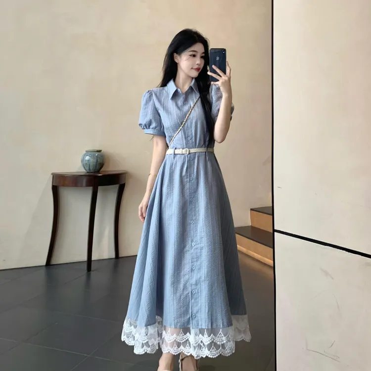 【店铺热销】大码胖mm蕾丝花边法式拼接连衣裙女夏季新款高级感遮