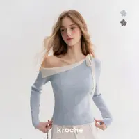 【雪宝专享】Kroche 25aw 撞色翻边蝴蝶结系带 斜肩修身长袖针织衫