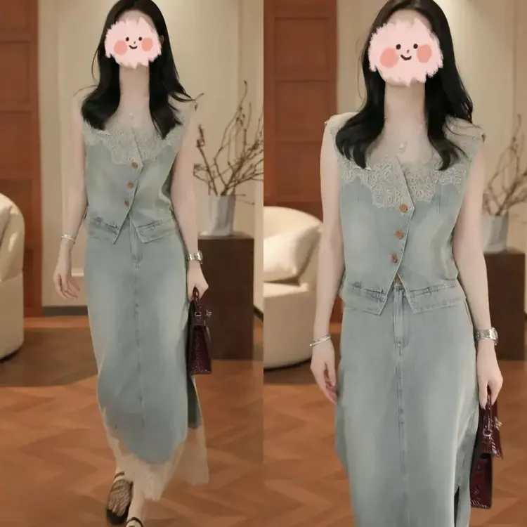 网红洋气套装夏季轻奢套装设计师百搭蕾丝牛仔马甲半身裙两件套