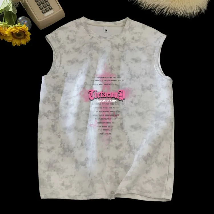 个性扎染冰感凉爽夏季宽松圆领背心坎肩运动休闲男士男装t恤百搭