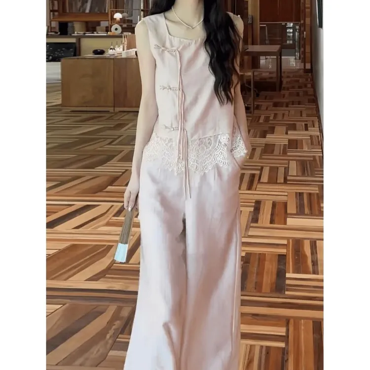 夏装搭配一整套2025新款新中式国风拼接蕾丝马甲阔腿长裤两件套女