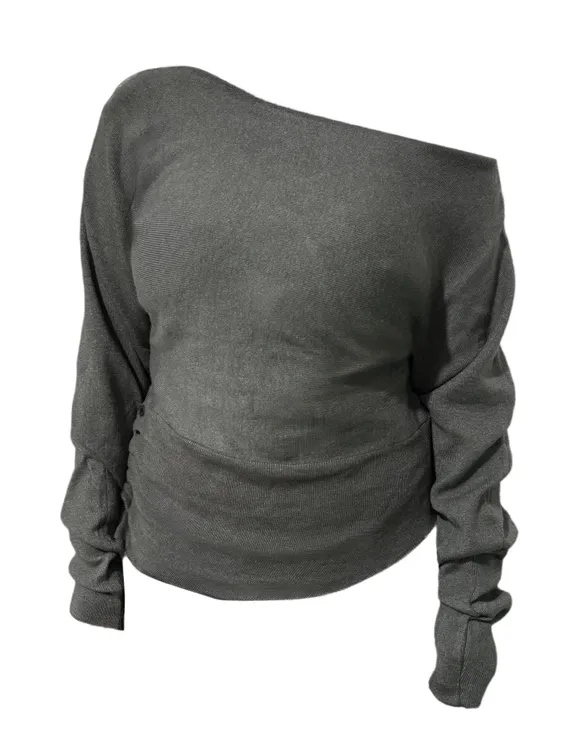 Amy家  微胖mm纯欲风斜肩长袖针织衫女秋冬设计感纽扣打底衫上衣