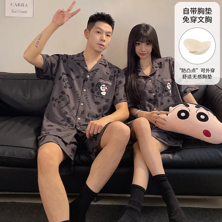 情侣睡衣带胸垫夏季新款短袖开衫套装宽松网红卡通韩版学生家居服