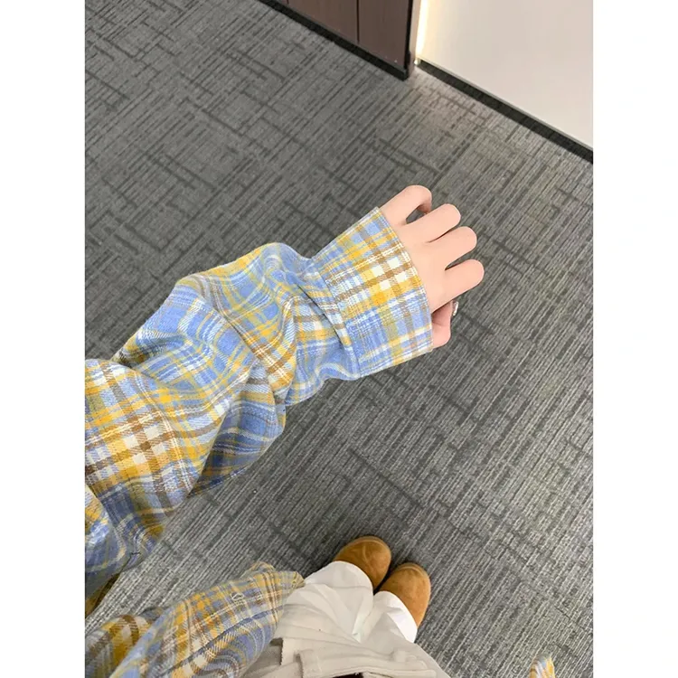 vintage黄蓝格子衬衫男长袖痞帅高级感磨毛衬衣夏季薄款慵懒外套