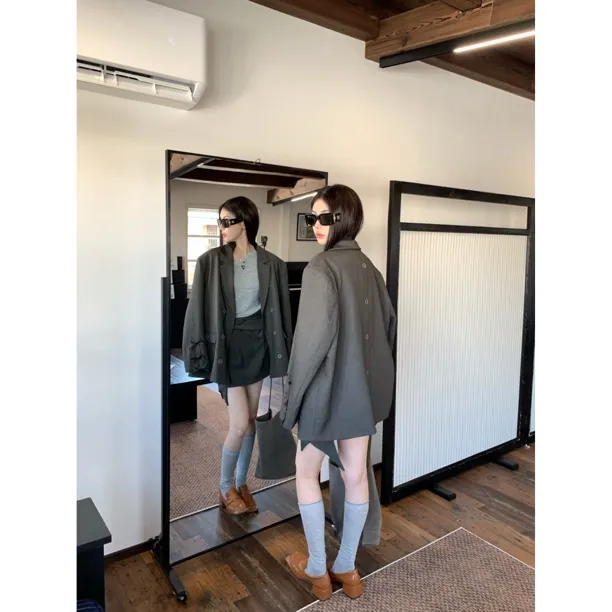 【赵小小&英式高智】7828 立体蝴蝶结袖口拼接复古西装双排扣外套女