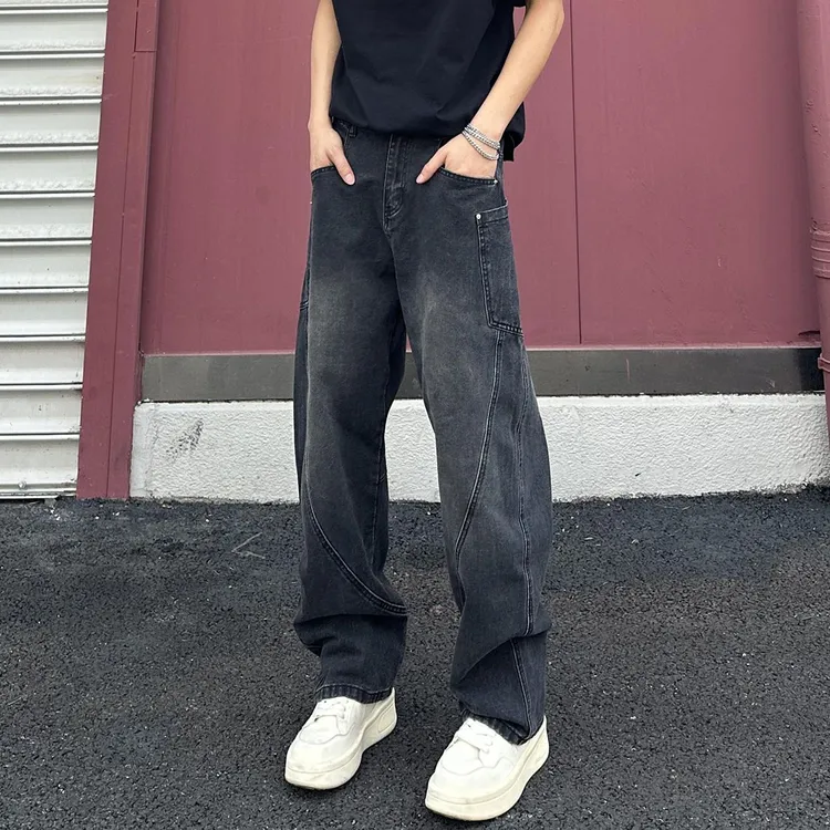 水洗复古牛仔裤男款直筒宽松阔腿美式高街vibe裤子潮牌痞帅设计感