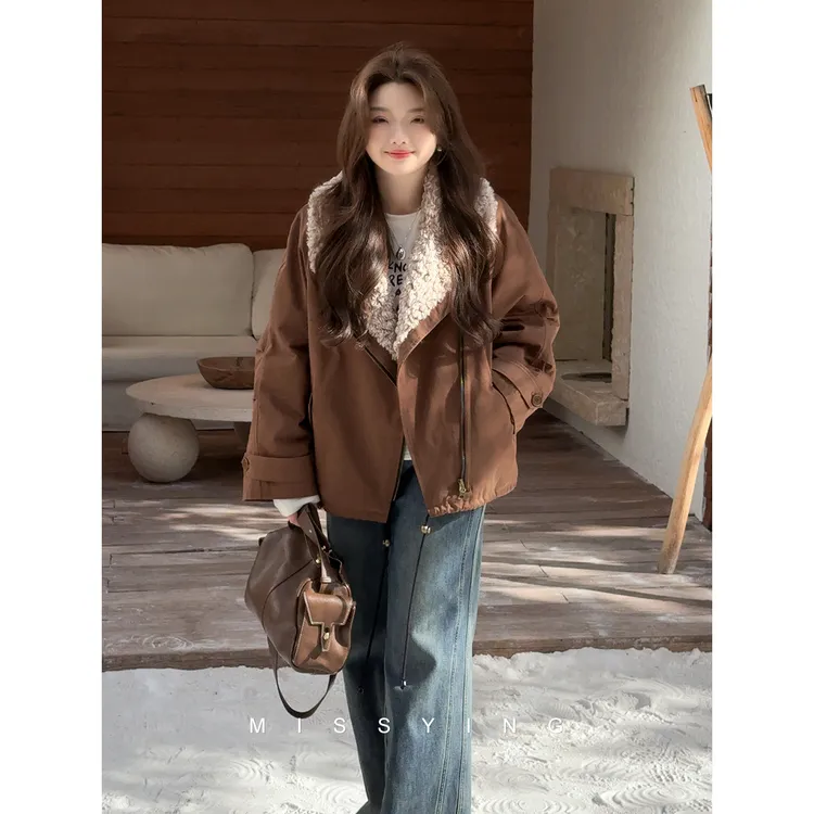 应小姐【焦糖摩卡】微胖大码冬季复古宽松气质显瘦翻领短款棉服外套