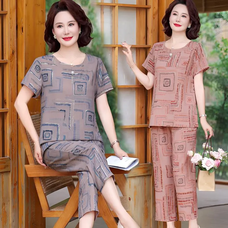 妈妈装夏款洋气短袖时尚套装中老年女装两件套奶奶气质宽松上衣