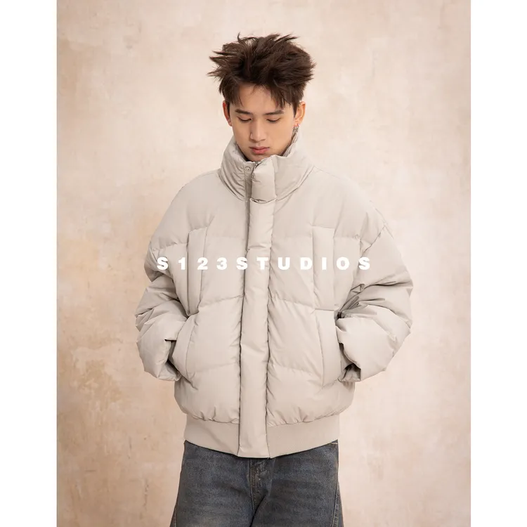 聪明陈90白鸭绒 冬季加厚立领纯色羽绒服男美式复古保暖痞帅外套