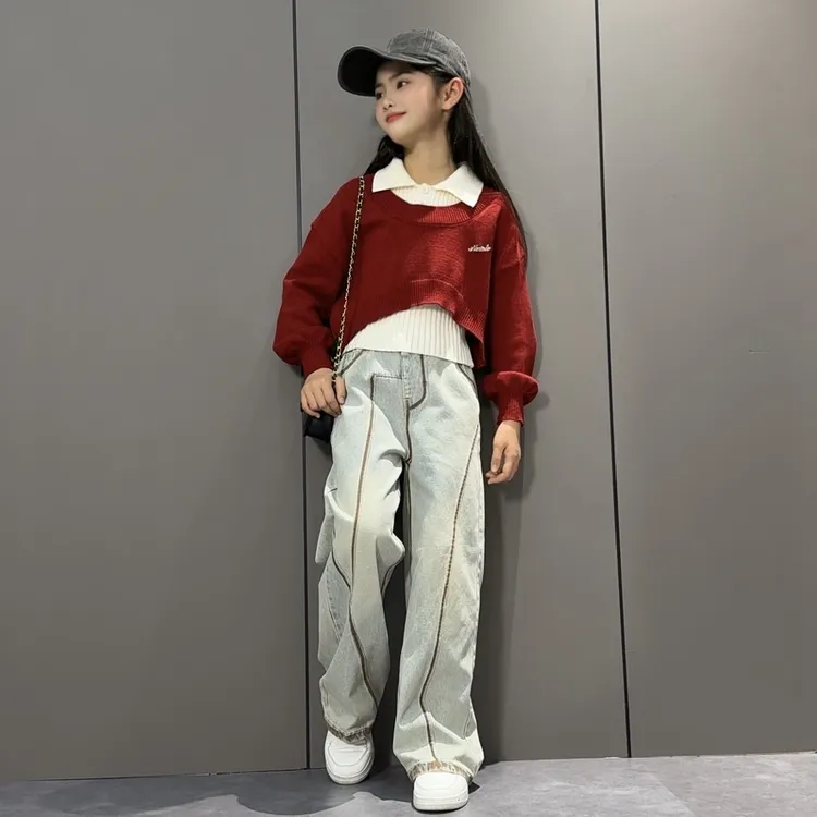 女童新款洋气叠穿时尚真两件毛衣划骨线阔腿牛仔裤套装