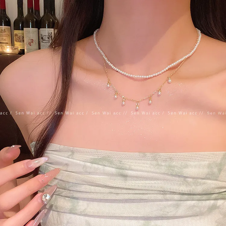 合金合成锆石项链 复古超仙双层珍珠流苏项链女轻奢气质高级感百