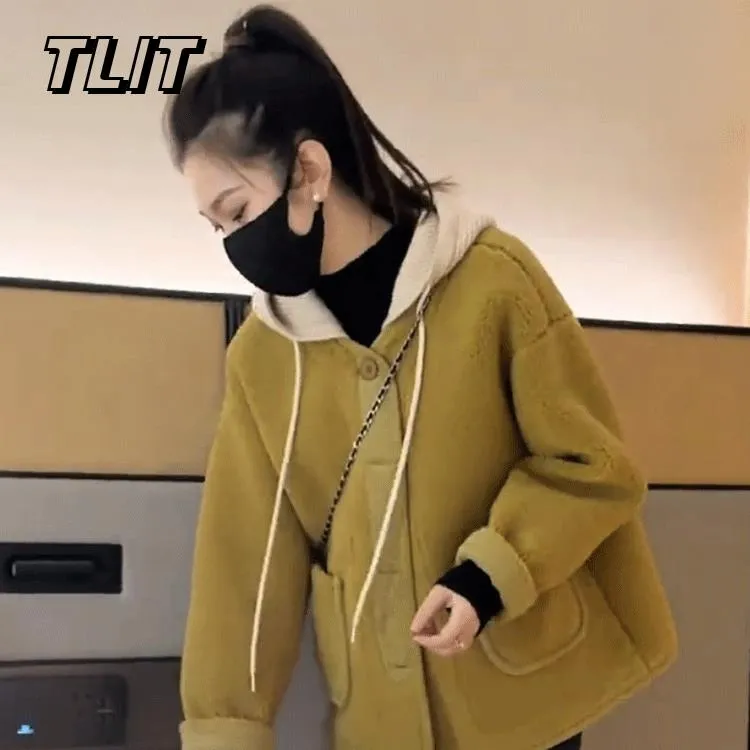 TLIT连帽抽绳短款加厚毛皮毛一体外套女秋冬季新款宽松摇粒绒上衣